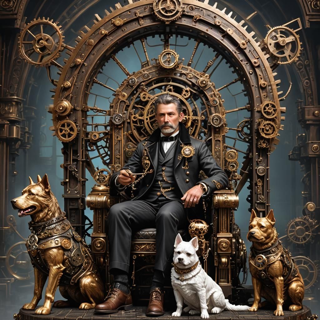 Steampunk Sculpture of Man with Dogs Made of Watches