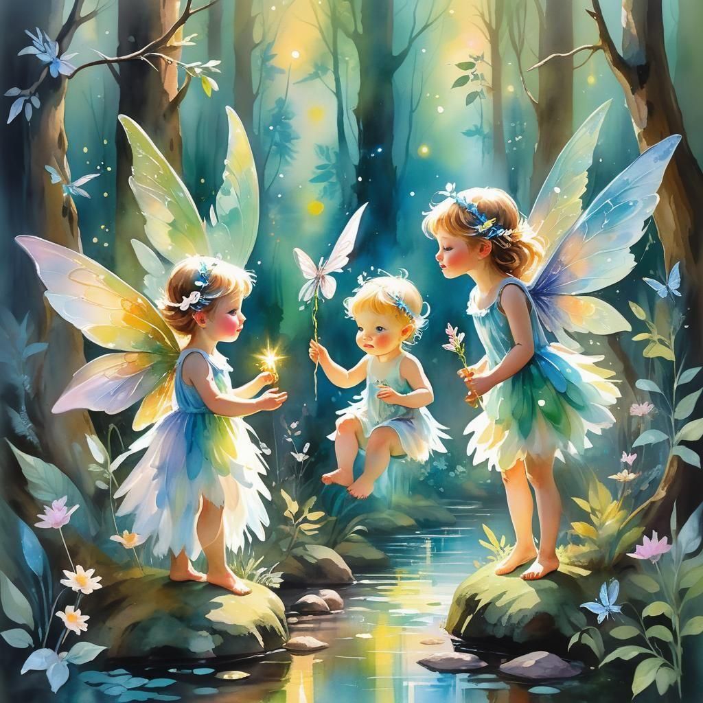 Ethereal Fairies Watch Over Baby in Gouache Style