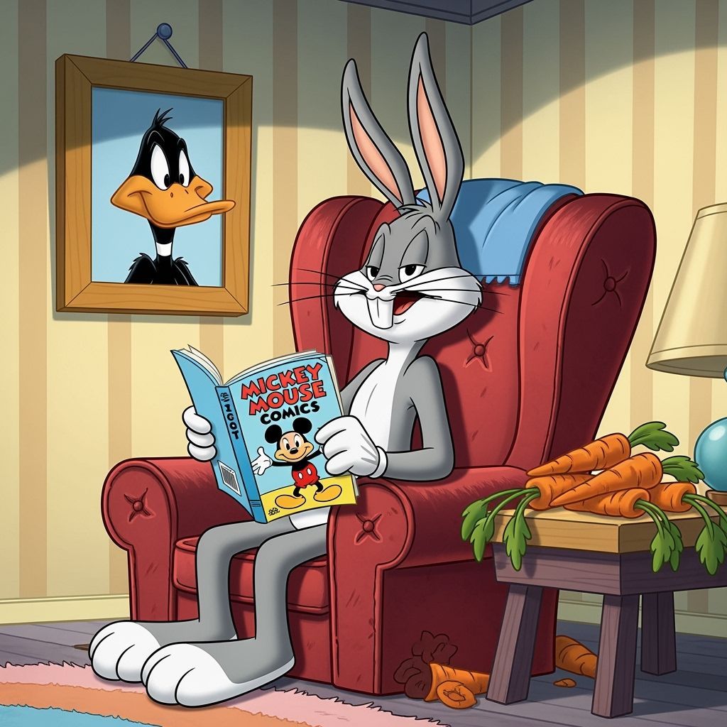 Bugs Bunny Skeptical of Mickey Mouse Comics in Cartoon Style