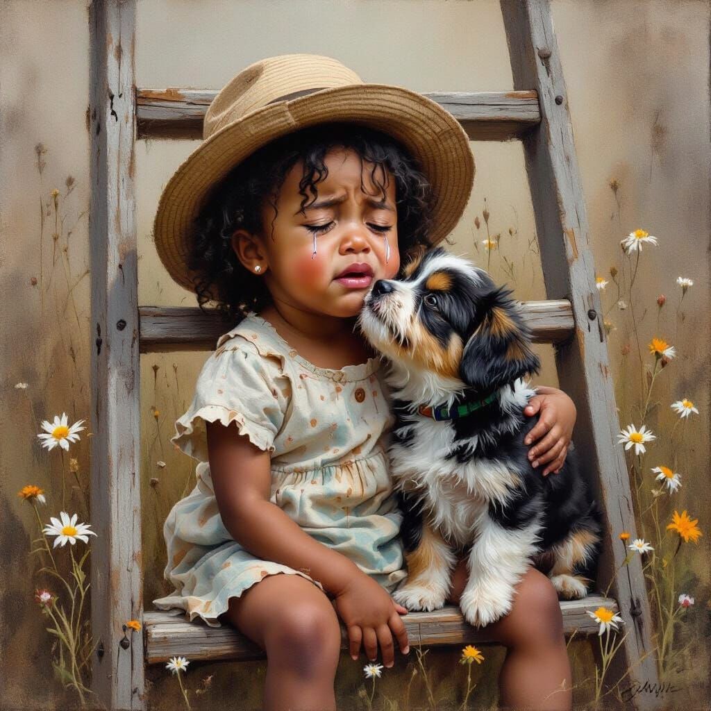 Toddler Girl Cries, Comforted by Dog in Oil Painting