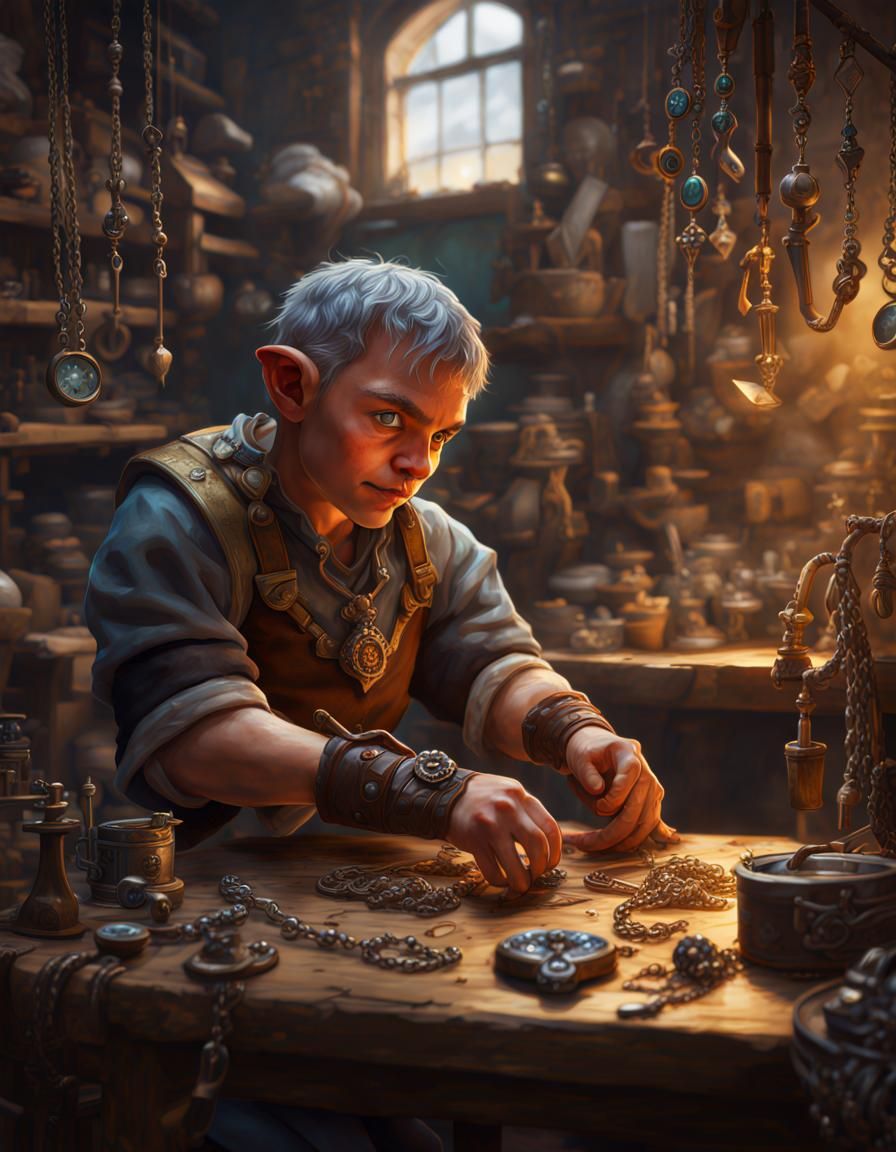 Hyperrealistic Halfling Jeweler in Workshop
