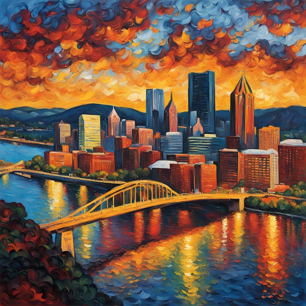Pittsburgh Cityscape in Van Gogh Style Neo-Impressionism