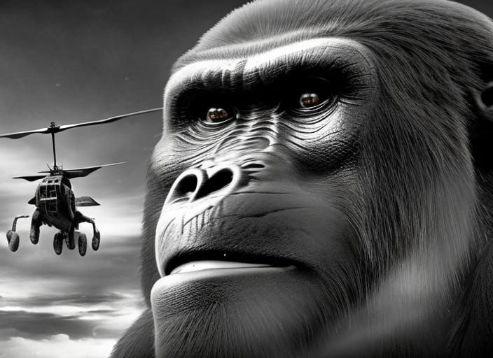 King Kong vs Helicopters: Black and White Cinematic Battle