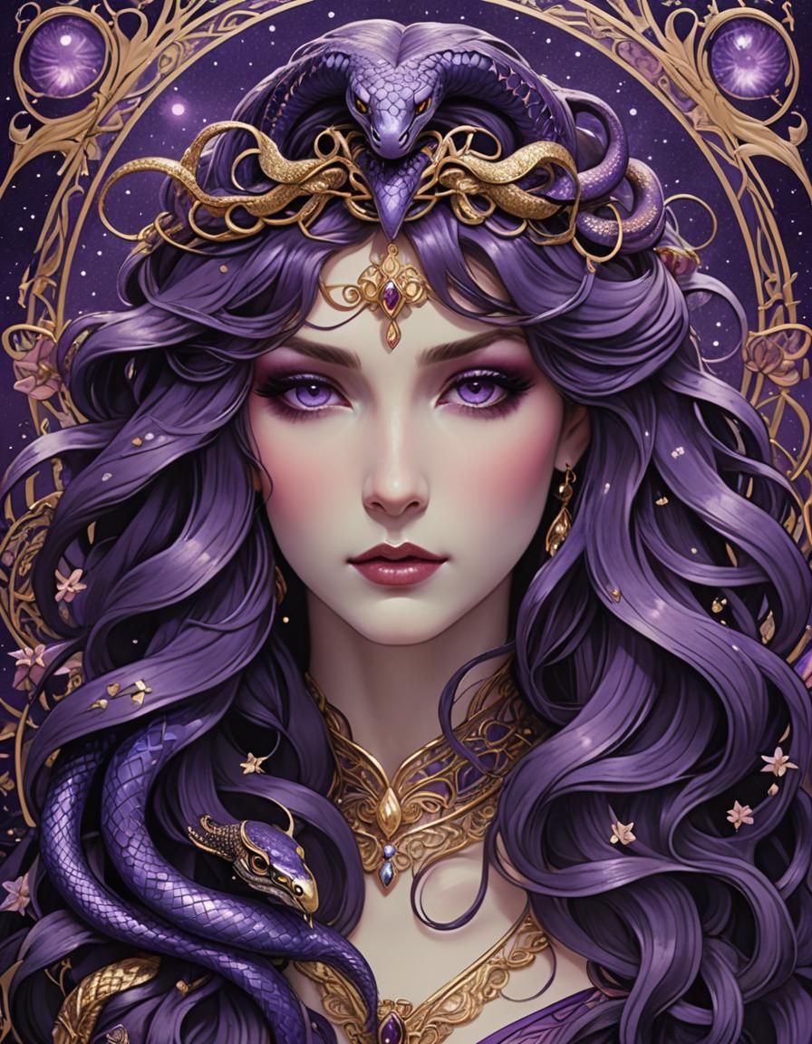 Goddess Lilith with Purple Snake in Art Nouveau Style