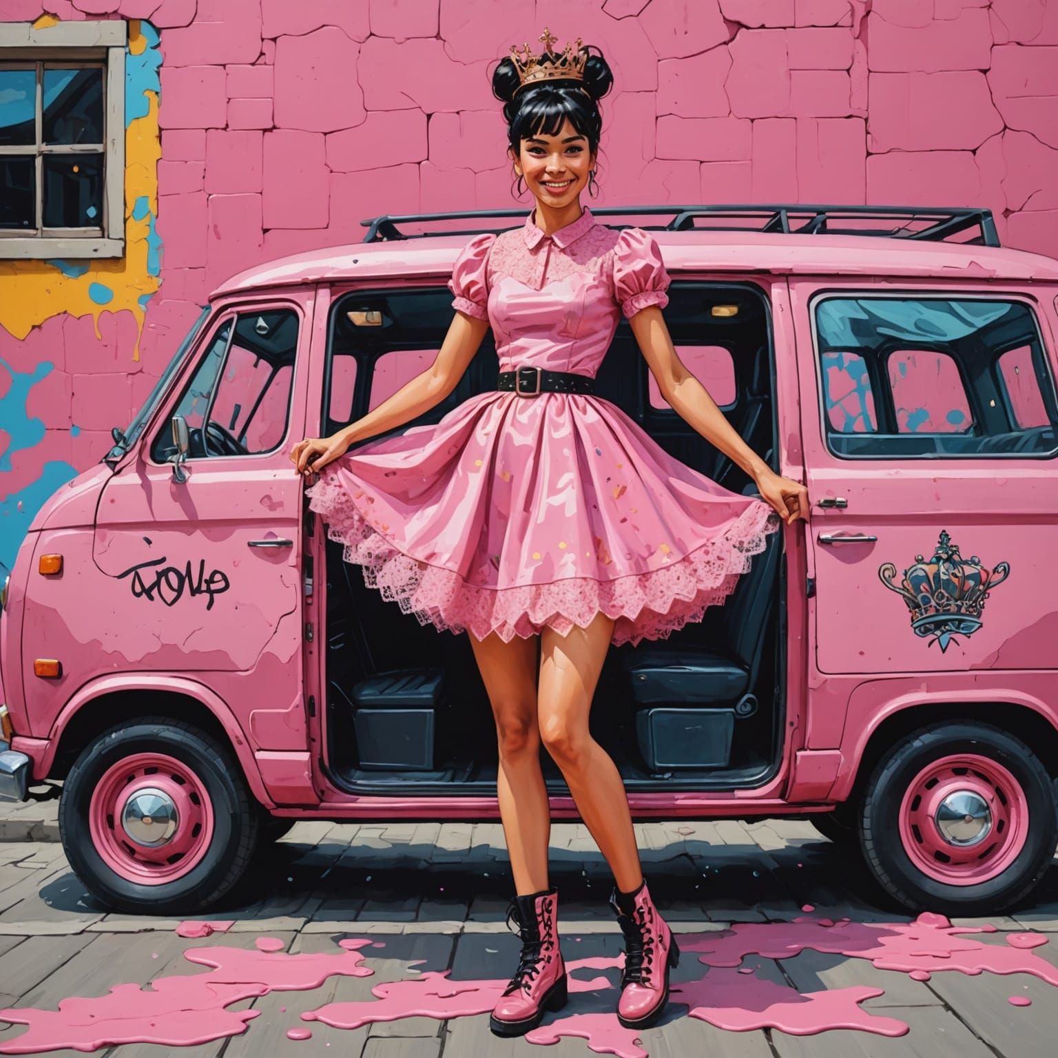 Woman in Pink Gown, Van Gogh Style Graffiti Art