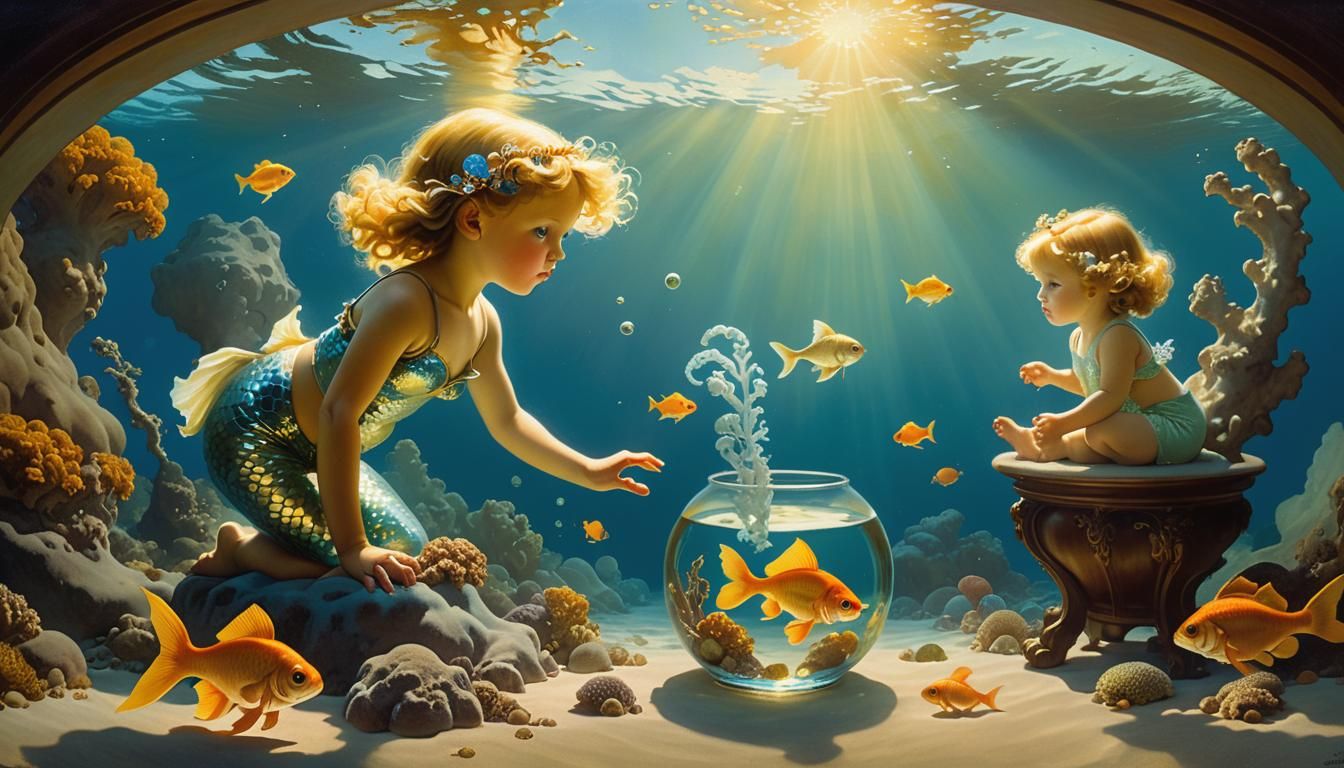 Underwater Mermaid Child with Goldfish, Parrish Style