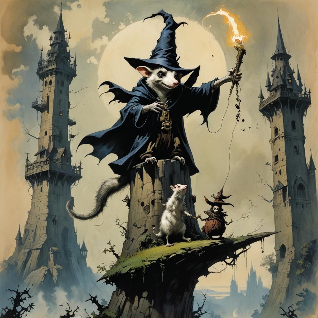 Opossum Wizard Casting Spell in Dark Fantasy Art