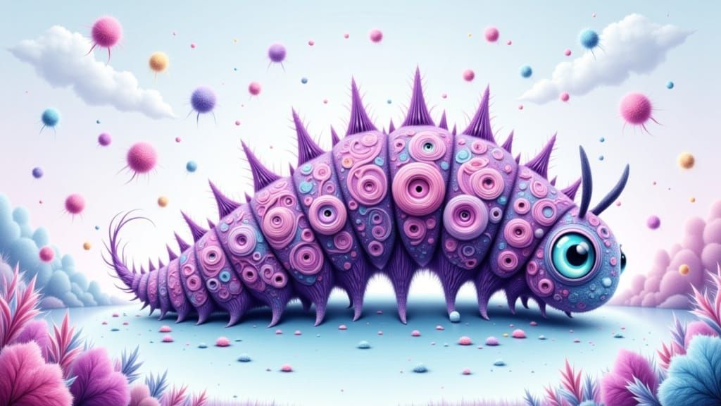 Fluffy Caterpillar with Swirling Patterns: Dreamlike Illustr...