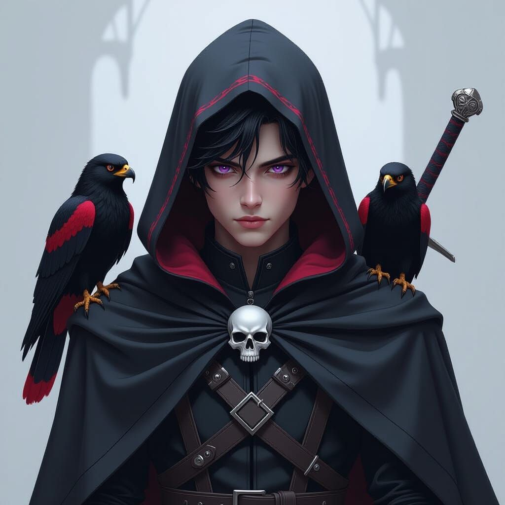 Dark Cloaked Boy With Purple Eyes and Hawk