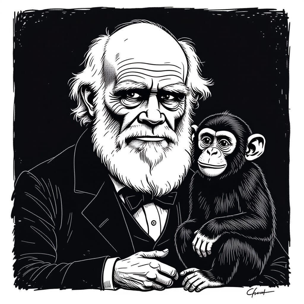Humorous Cartoon of Darwin as Half-Monkey