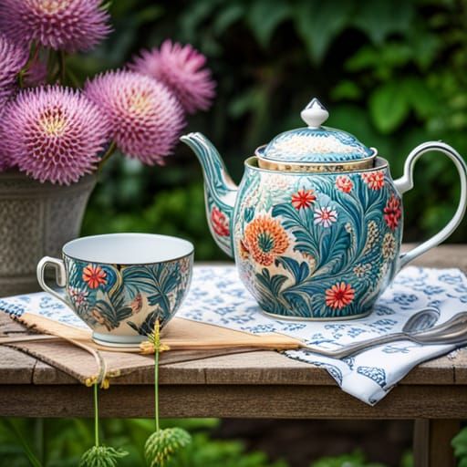 Teapot and Cups in Garden, William Morris Style