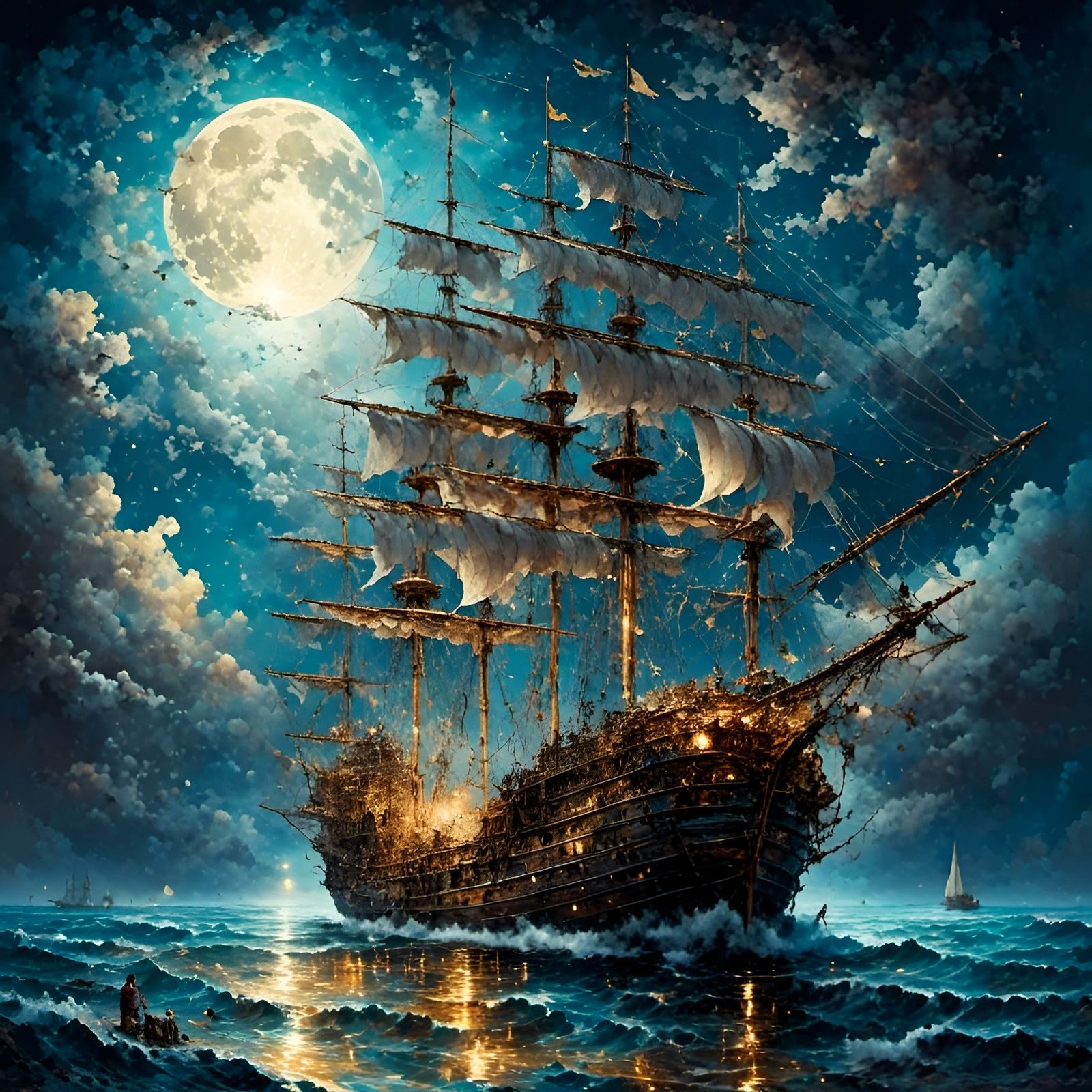 Moonlit Sailing Ship in Fantasy Style