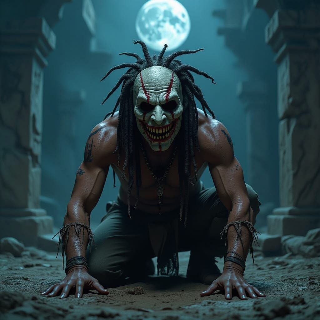 Supernatural Menace Voodoo Masked Figure in Ancient Temple
