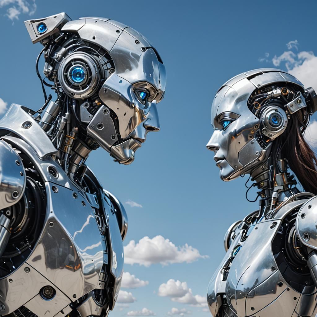 Silver Robots in Love Under Blue Sky