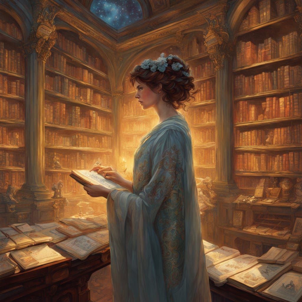 Celestial Librarian Amongst Glowing Books, Art Nouveau Style