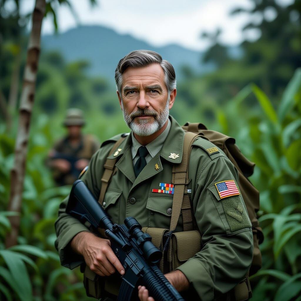 Hyperrealistic Fred Rogers Battles in Vietnam Jungle