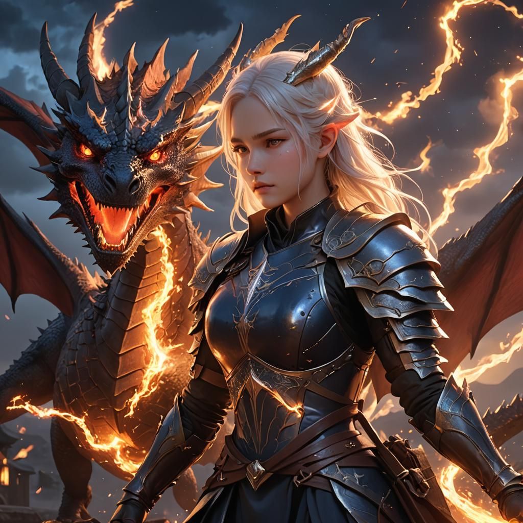 Dragon Rider Girl with Fire-Breathing Dragon in Anime Style