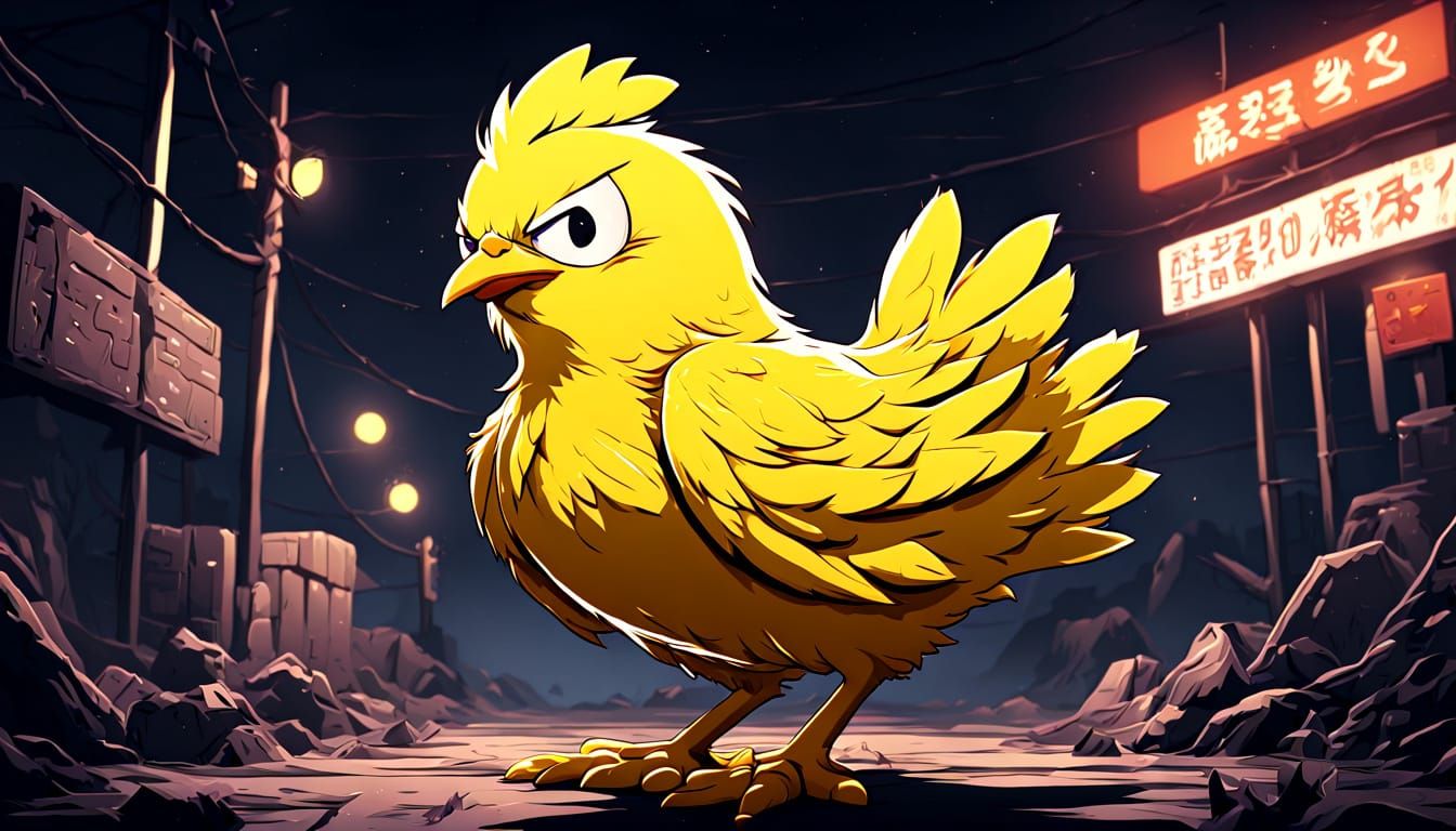 Grumpy Yellow Chick in the Night: Cel-Shaded Anime Art