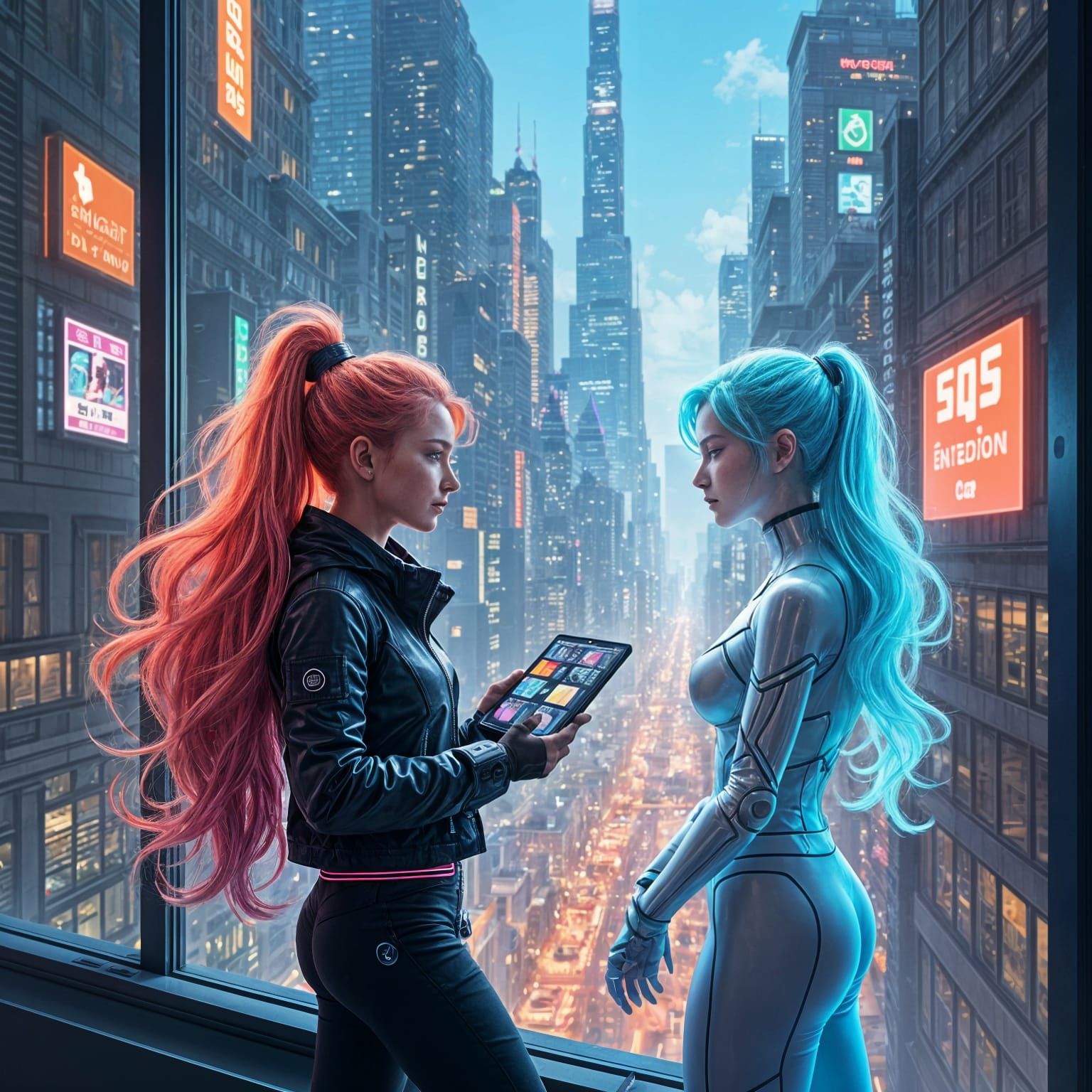 Futuristic Duo Overlooking Neon Cityscape