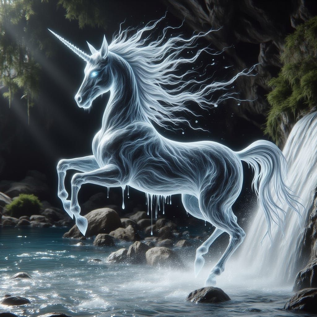 Surreal Liquid Unicorn Emerges from Majestic Waterfall