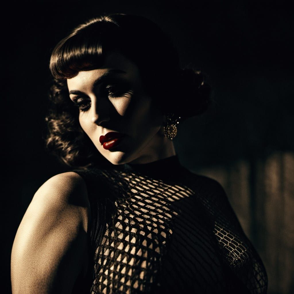 Woman in Fishnet Bodysuit in Film Noir Style