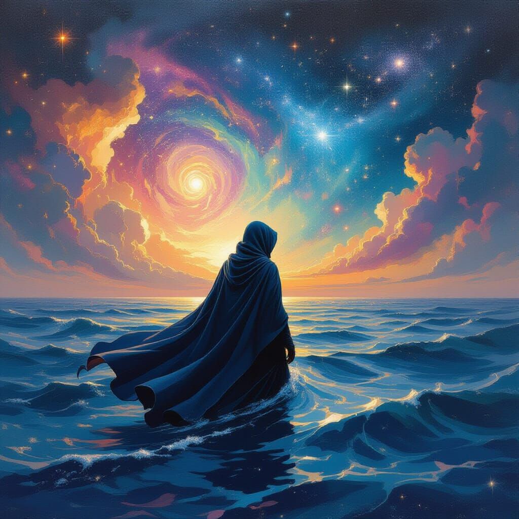 Surreal Cosmic Sea Voyage in Textured Oil Paint