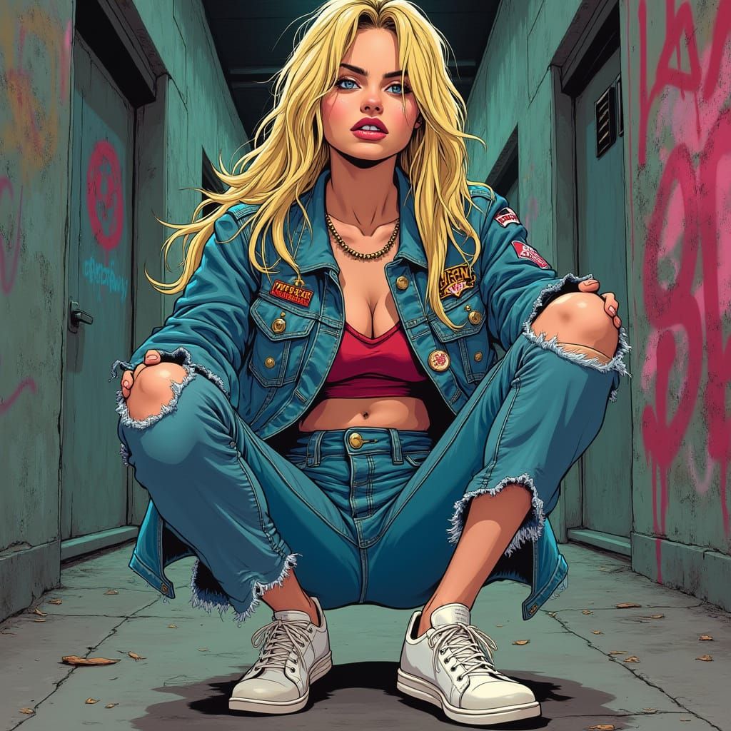 Rebellious Teen in Denim Jacket, 80s Style