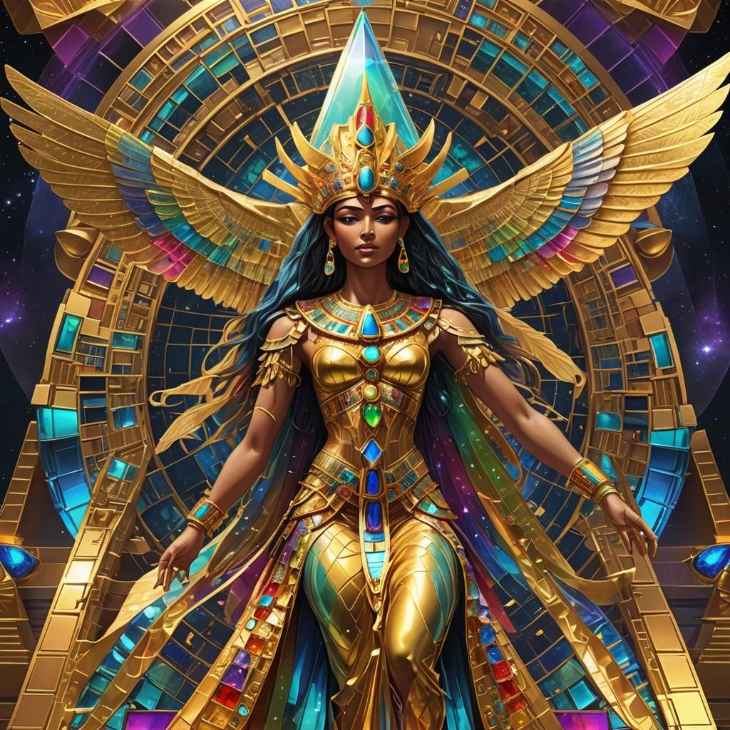 Radiant Egyptian Goddess Embraces Pyramid in Light