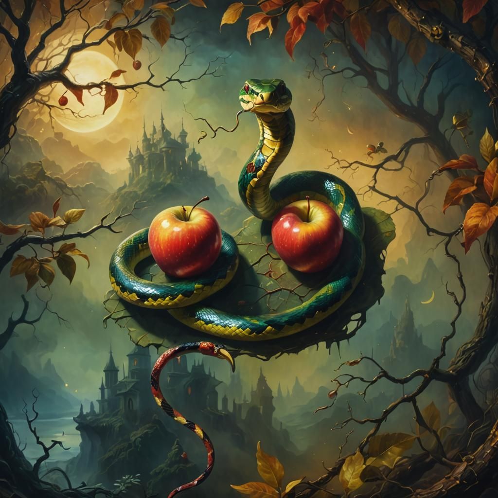 Surreal Snake Eating Apple in Fauvist Style