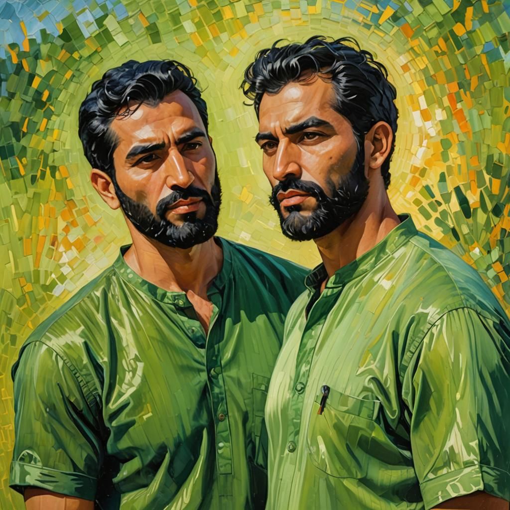 Two Bearded Men in Green Shirts: Neo-Impressionist Portrait