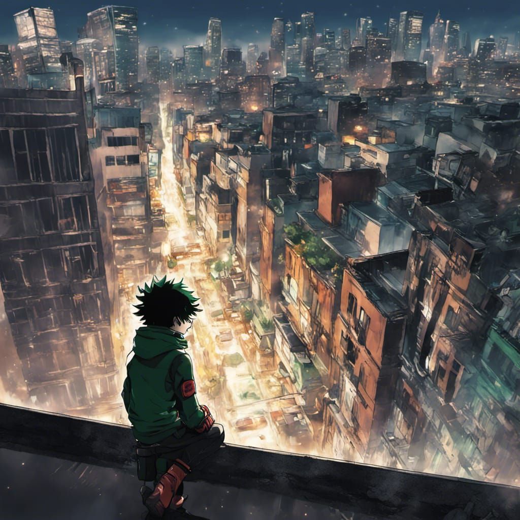Vigilante Deku Confronts Dark City in Anime Style