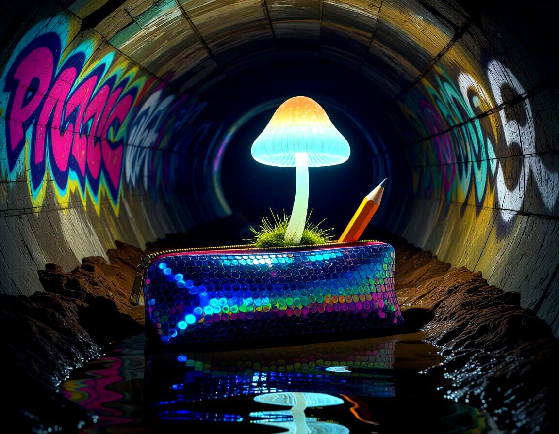 Sequin Pencil Case and Bioluminescent Mushroom in Sewer