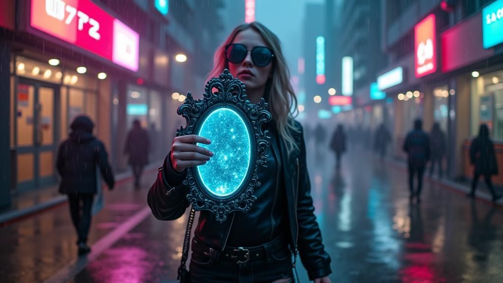 Witch with Neon Mirror in Cyberpunk School