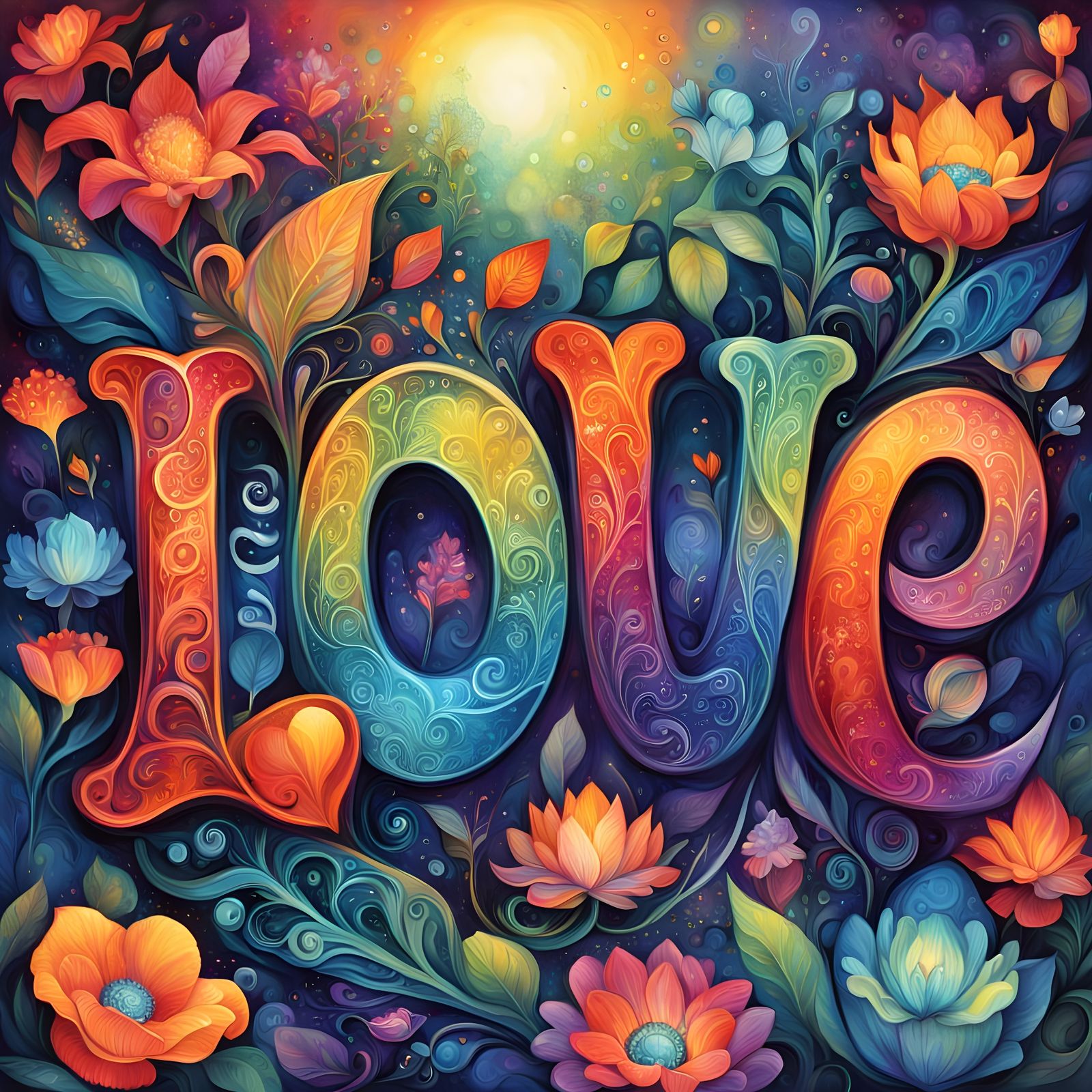 Rainbow LOVE Word Art in Glowing Fantasy Garden