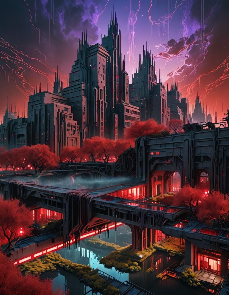 Neo-Futuristic Cityscape with Blood Canals, in Art Deco Styl...