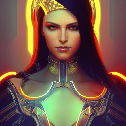 Babylonian Queen Portrait in Cyberpunk Style
