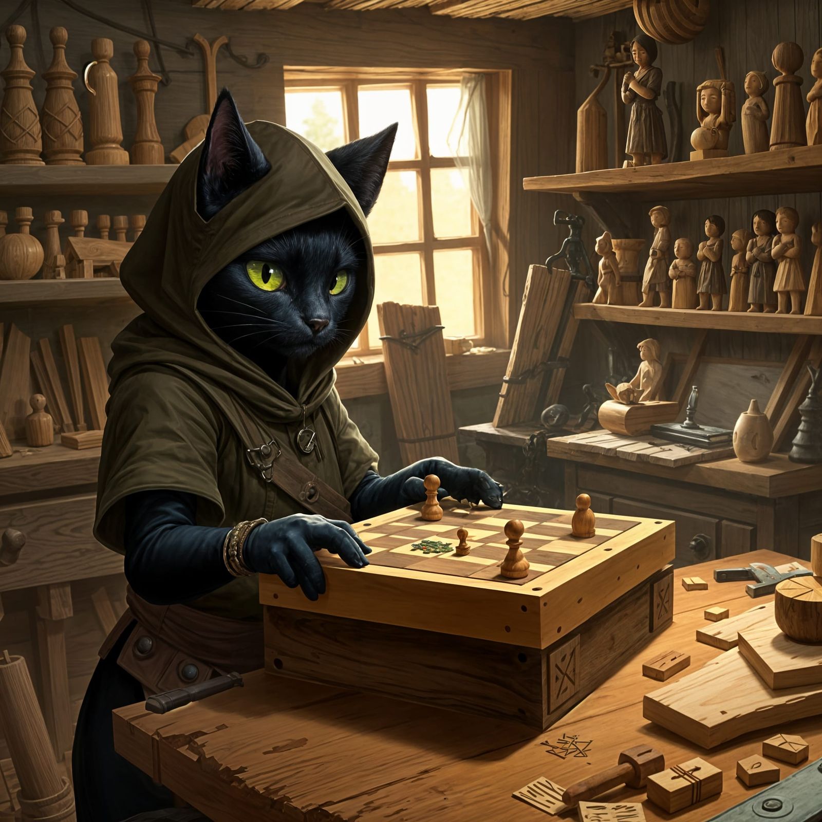 Cyberpunk Woodworker Cat in Craftsmanship Workshop