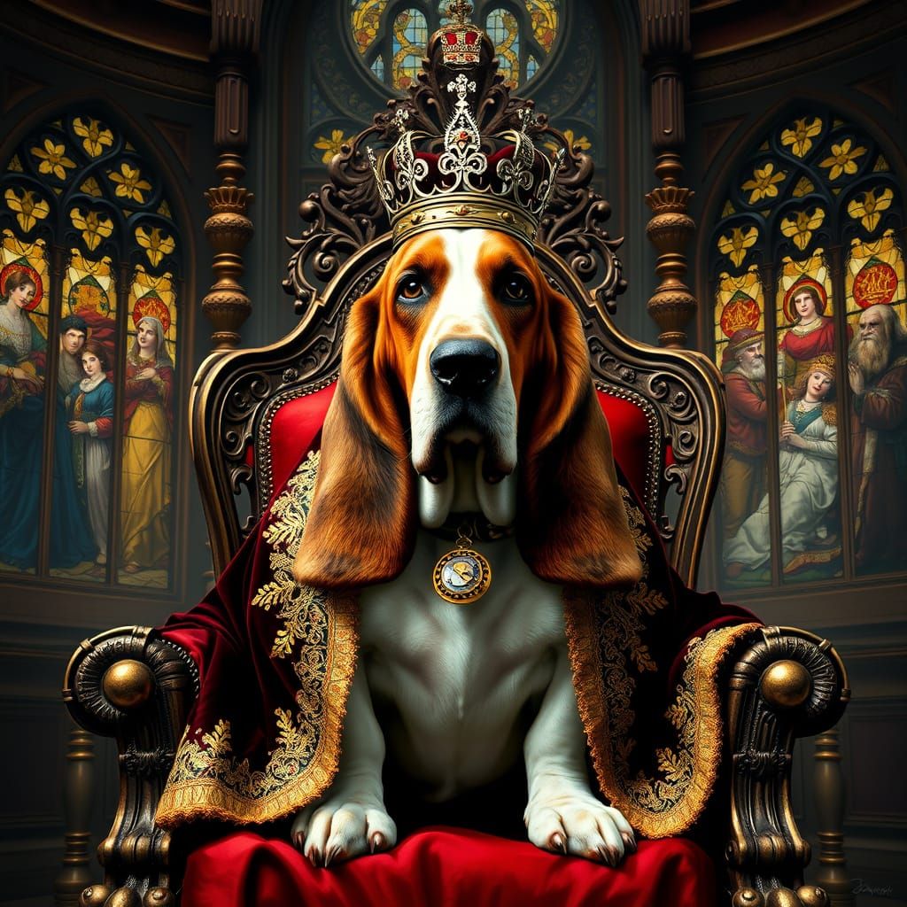 Regal Basset Hound King on Grand Throne