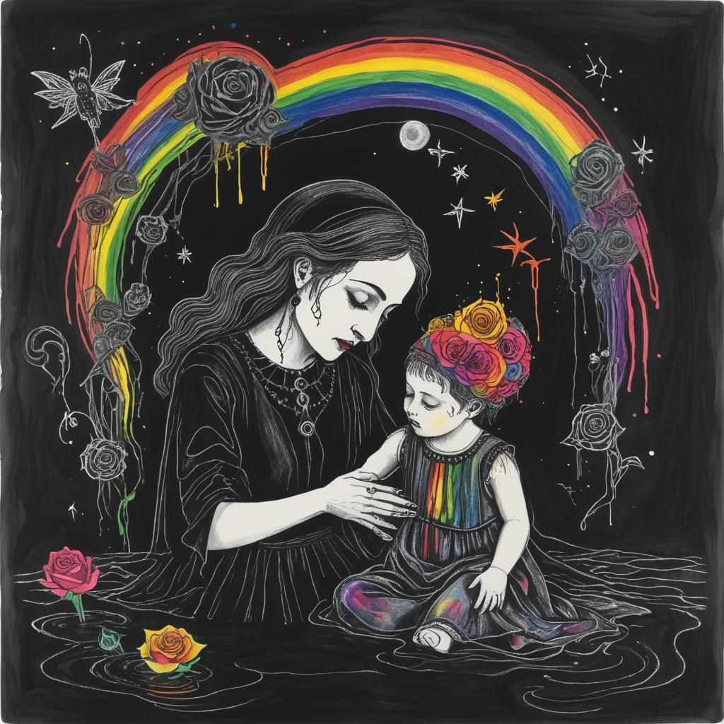 Surreal Crayon Drawing: Goth Mother and Child