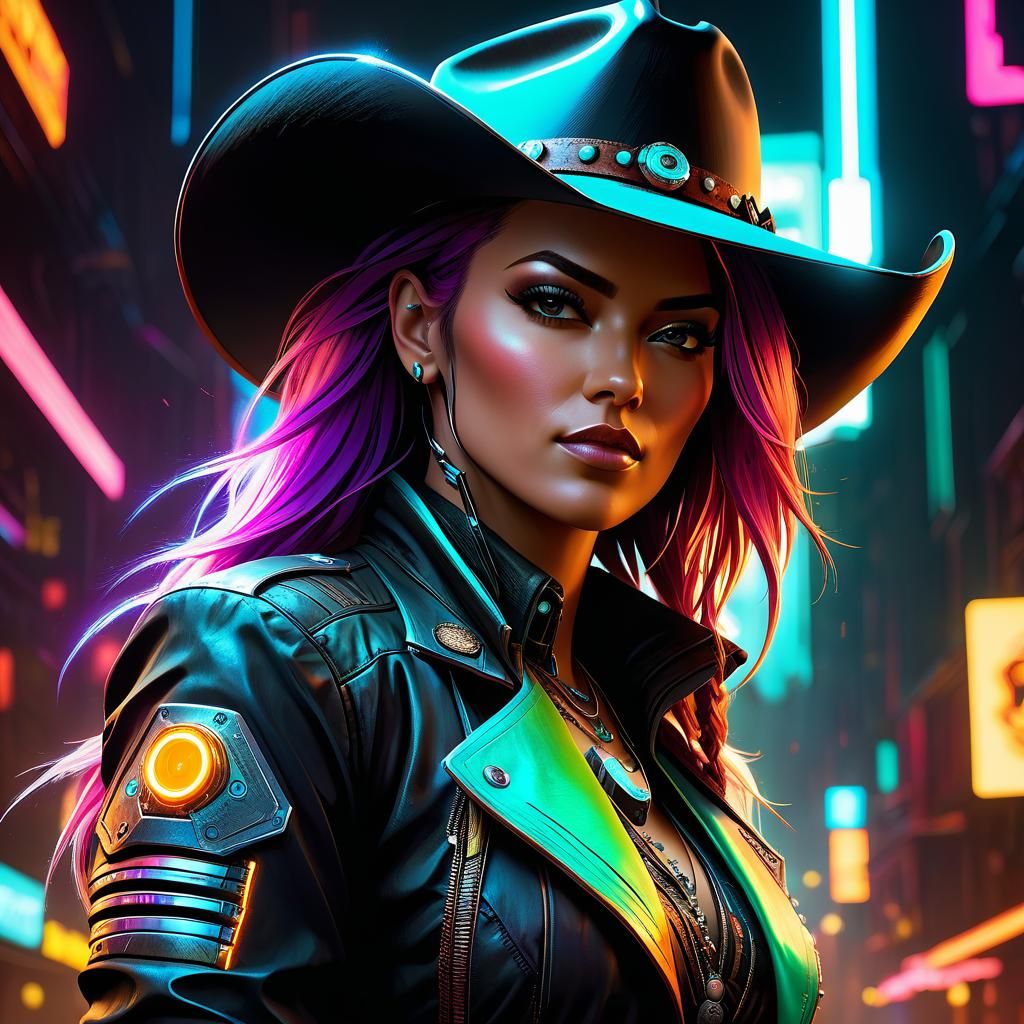 Cyberpunk Cowgirl Portrait in Vibrant Colors
