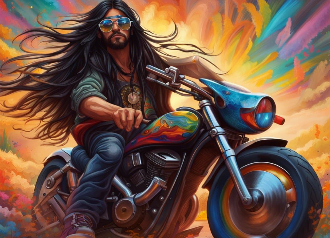 Hyperrealistic Hippie on Motorcycle Splash Art