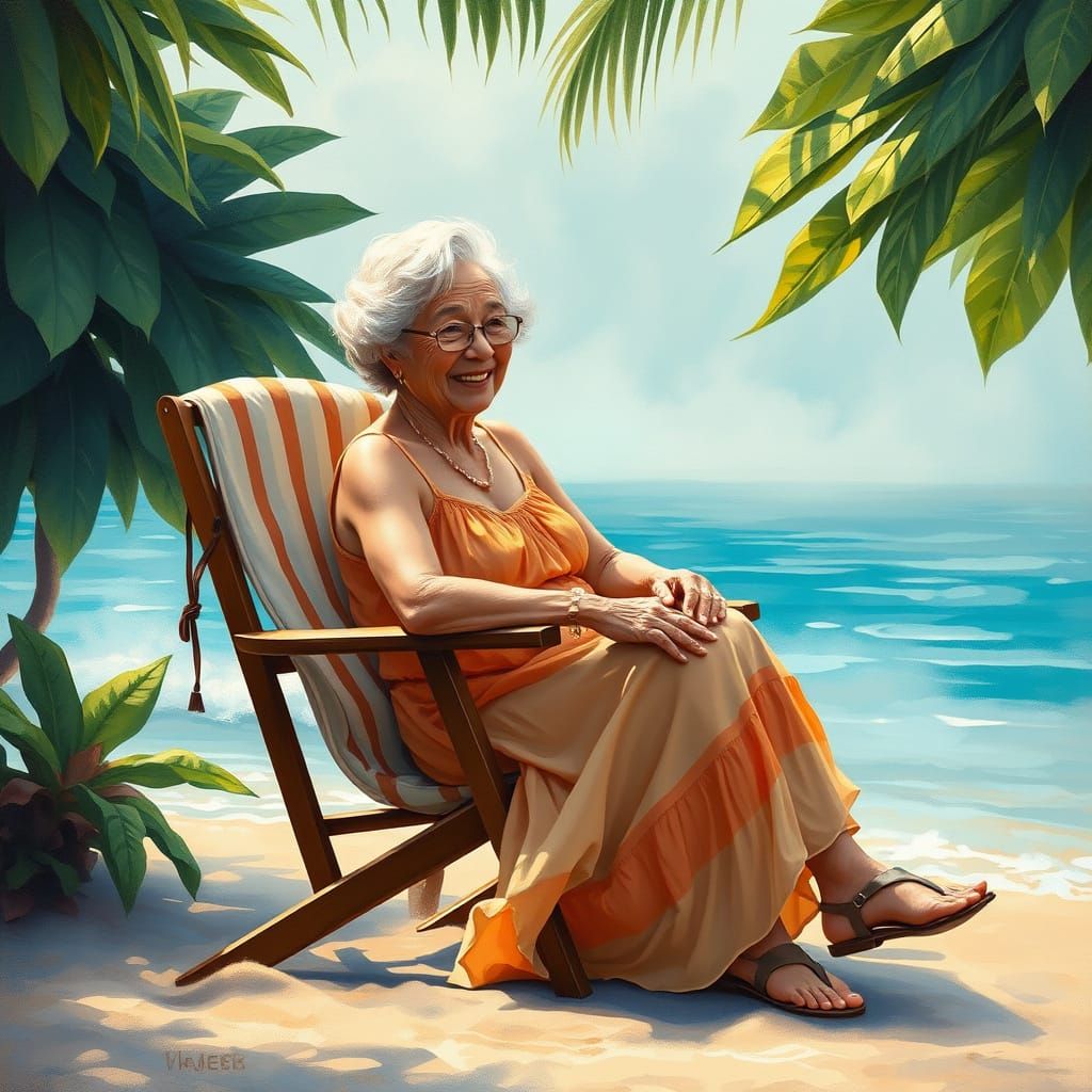Grandmother in Beach Chair: Ethereal Gouache Fantasy