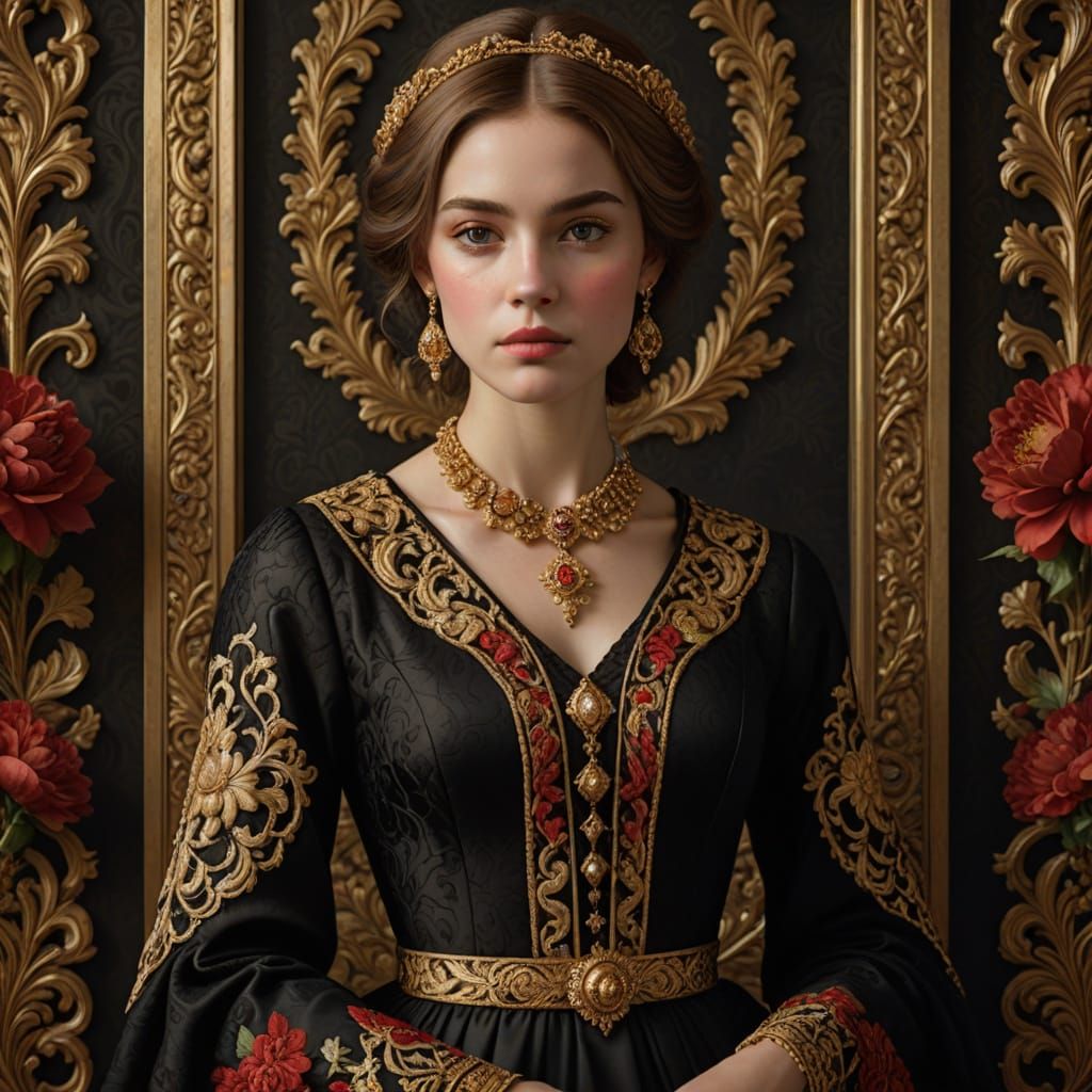 Elegant Renaissance Woman in Ornate Black Gown with Red Flor...