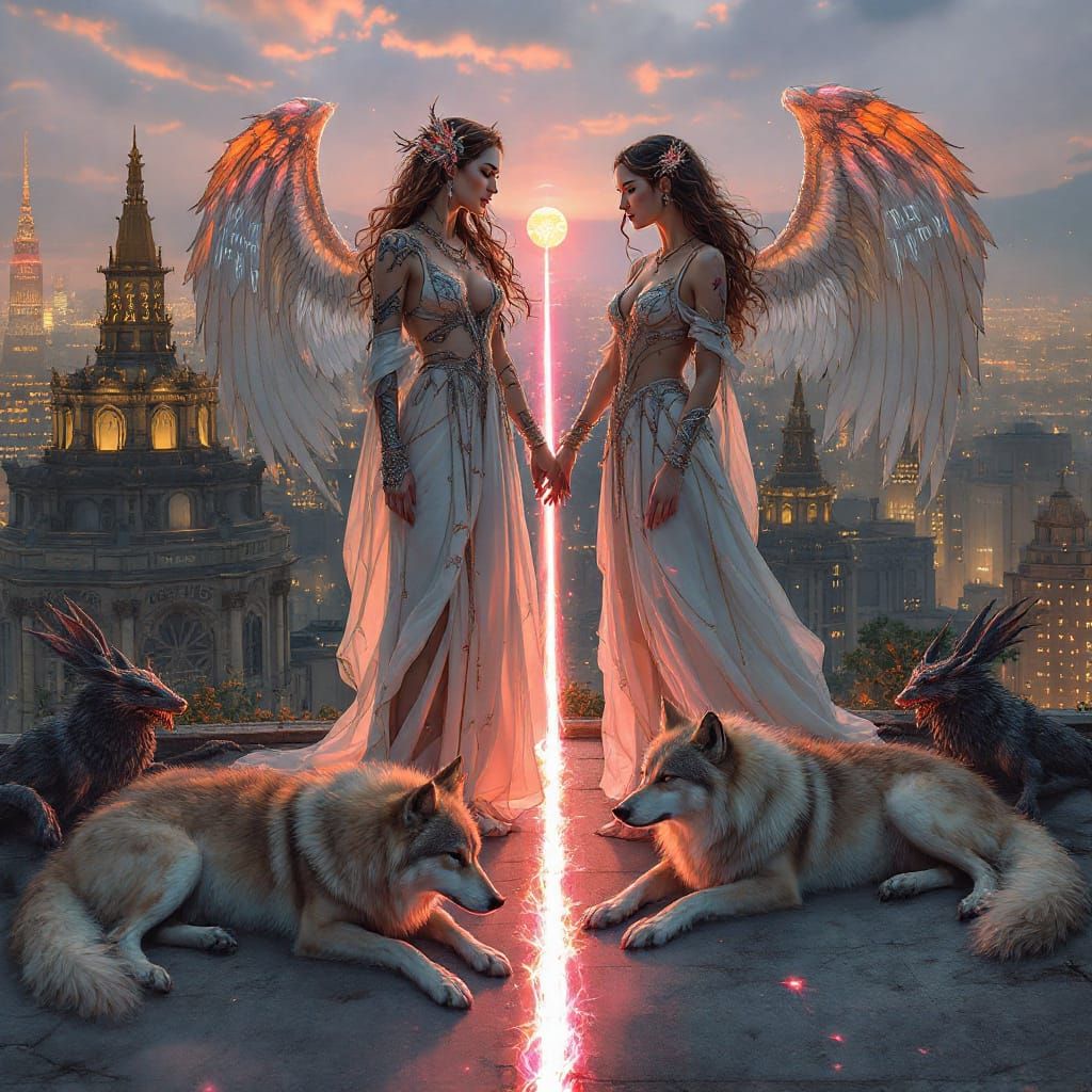 Mystical Rooftop Scene with Rose Aura and City Skyline