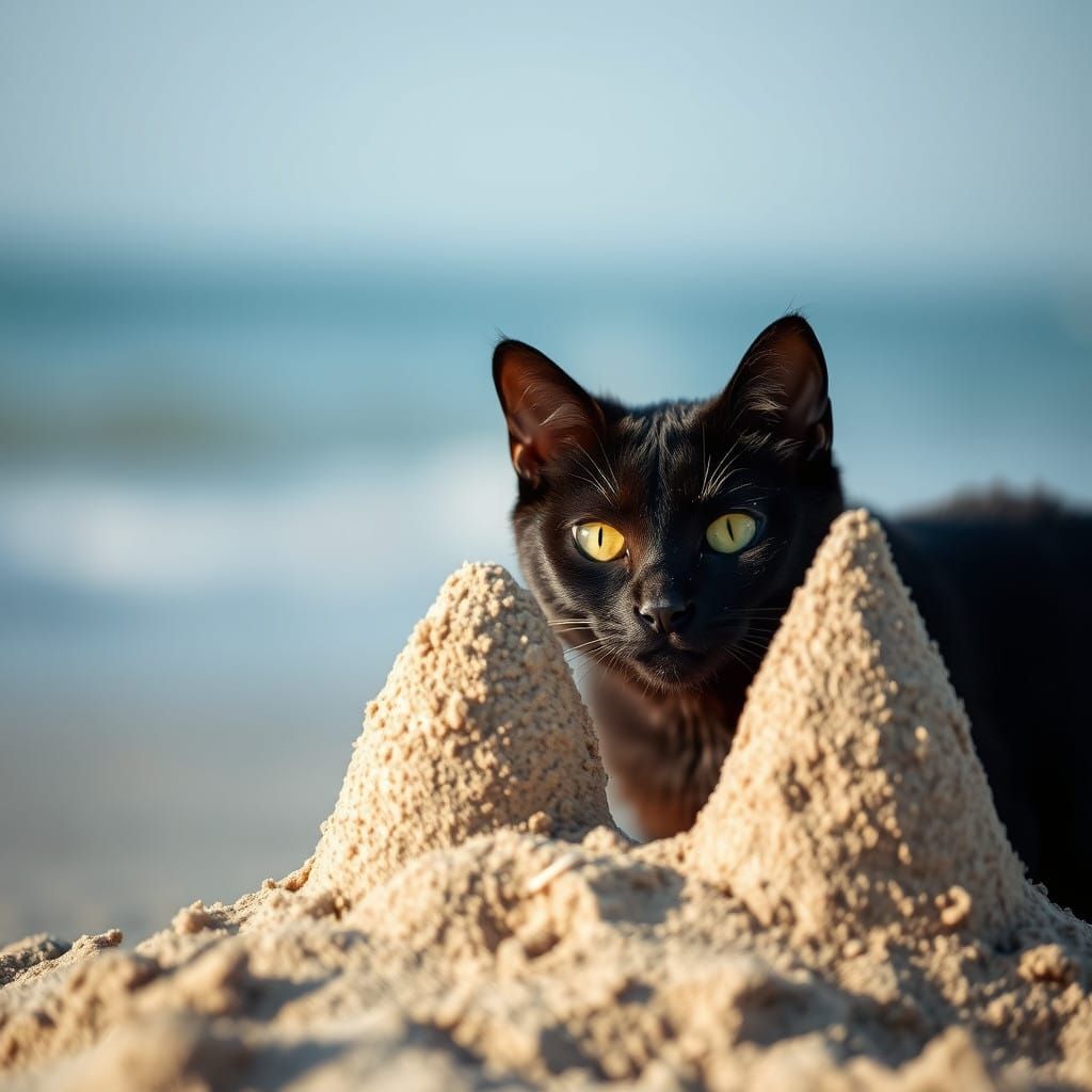 Whimsical Beach Scene with a Curious Black Cat