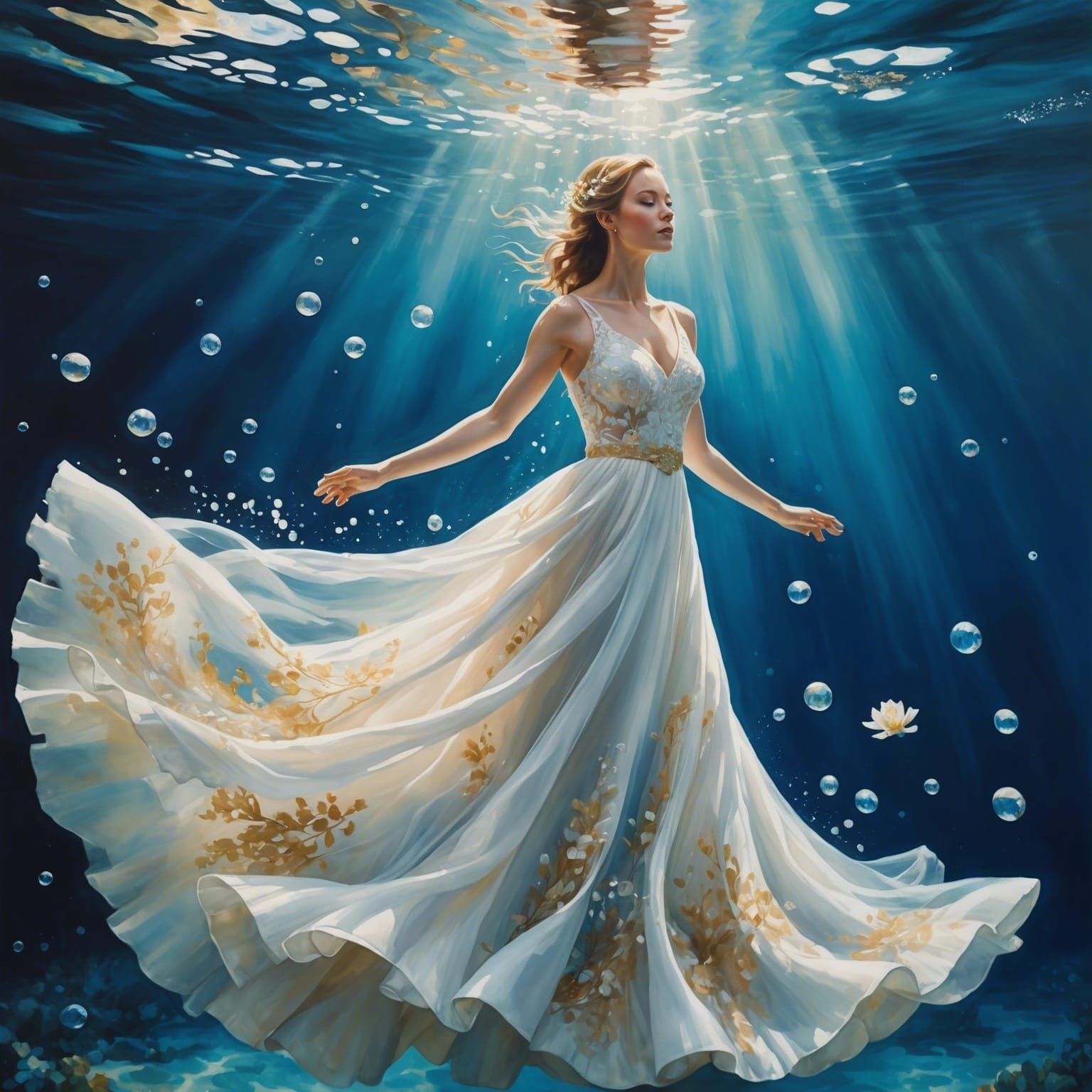 Underwater Bride in Flowing Dress: Watercolour Painting