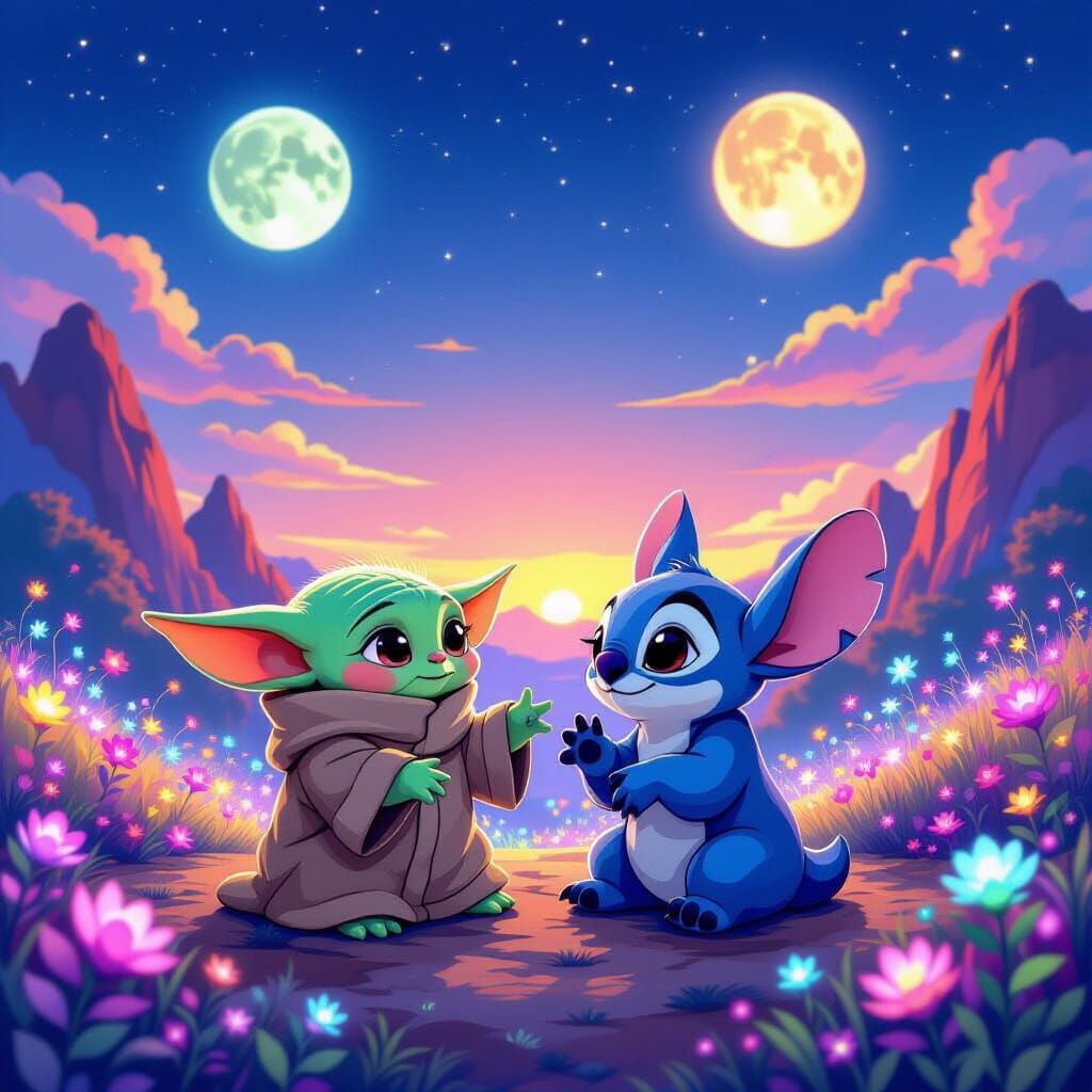 Grogu and Stitch Play on Alien Planet