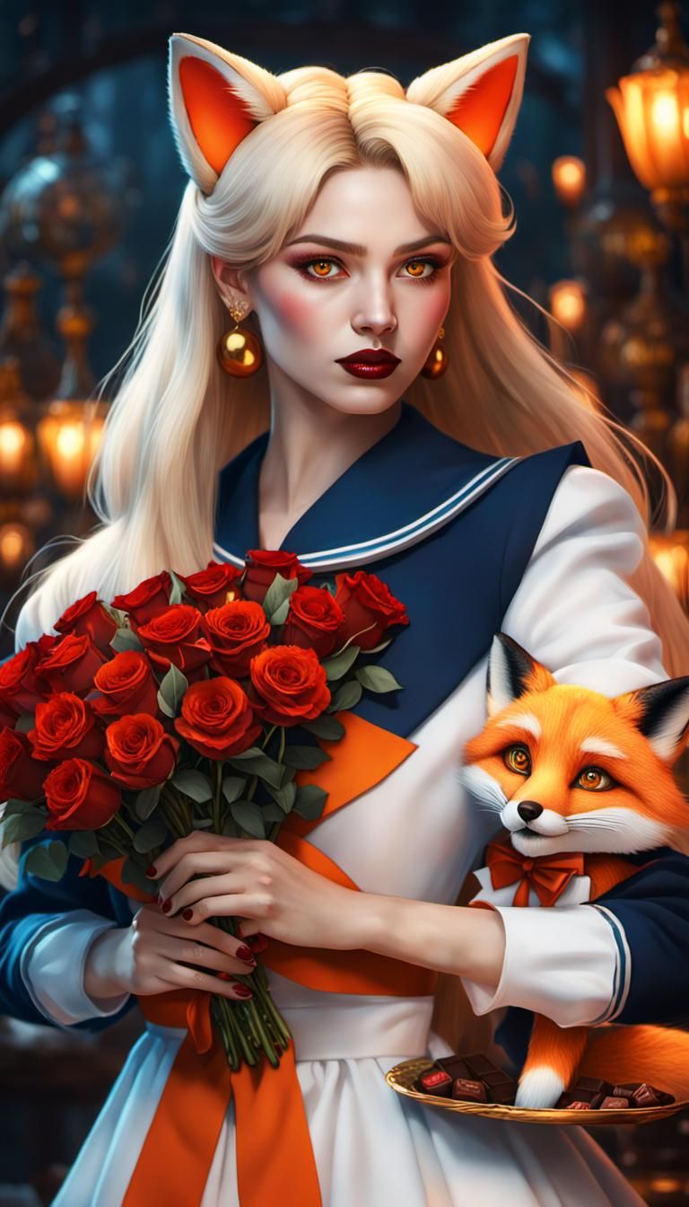 Sailor Venus kitsune holding red roses and chocolates