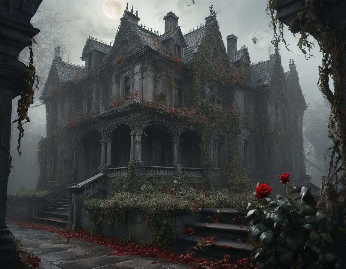 Creepy Haunted Mansion with Gargoyles and Roses