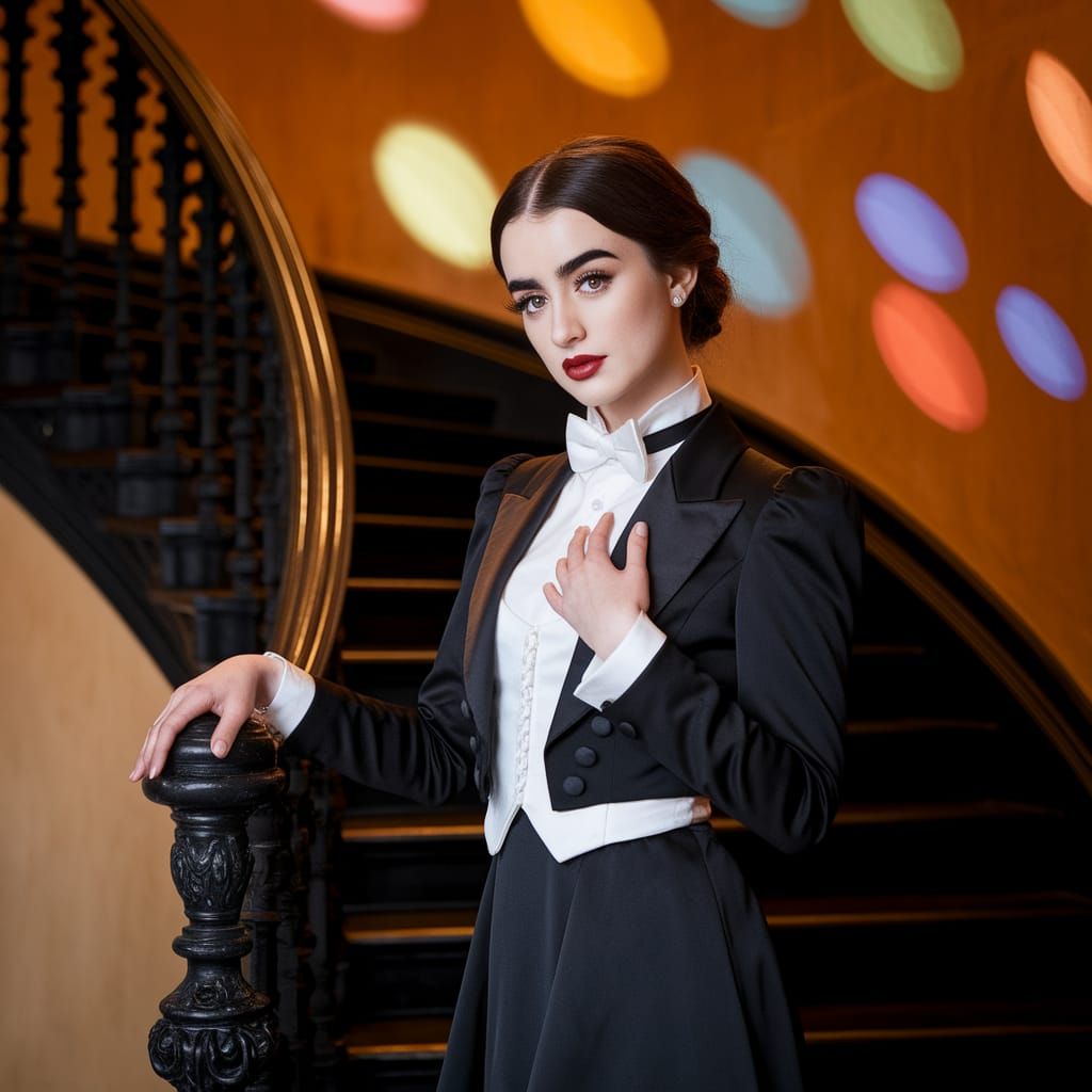 Elegant Lily Collins in Art Nouveau Gothic Staircase